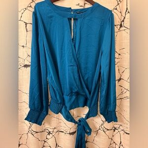 New York & Company Teal Tie-Front Blouse